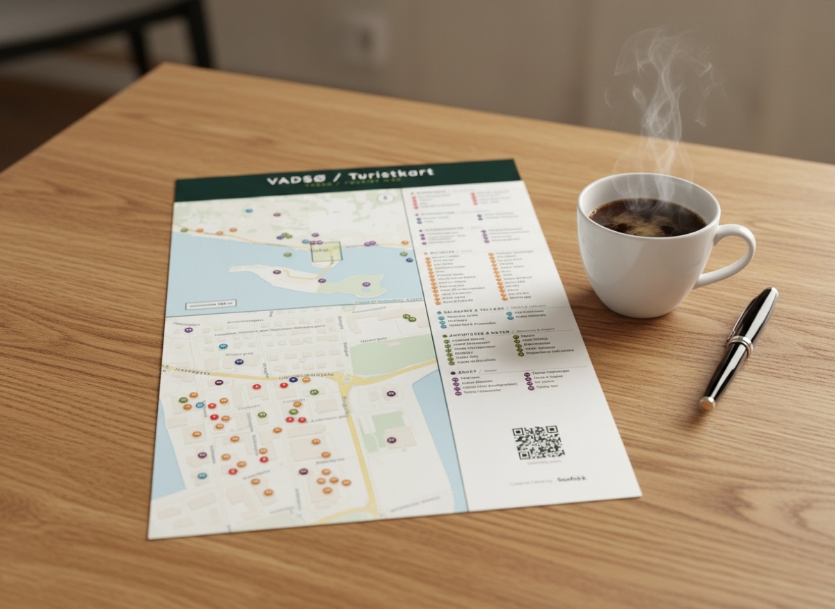 Printet turistkart på et bord ved siden av en kaffekopp