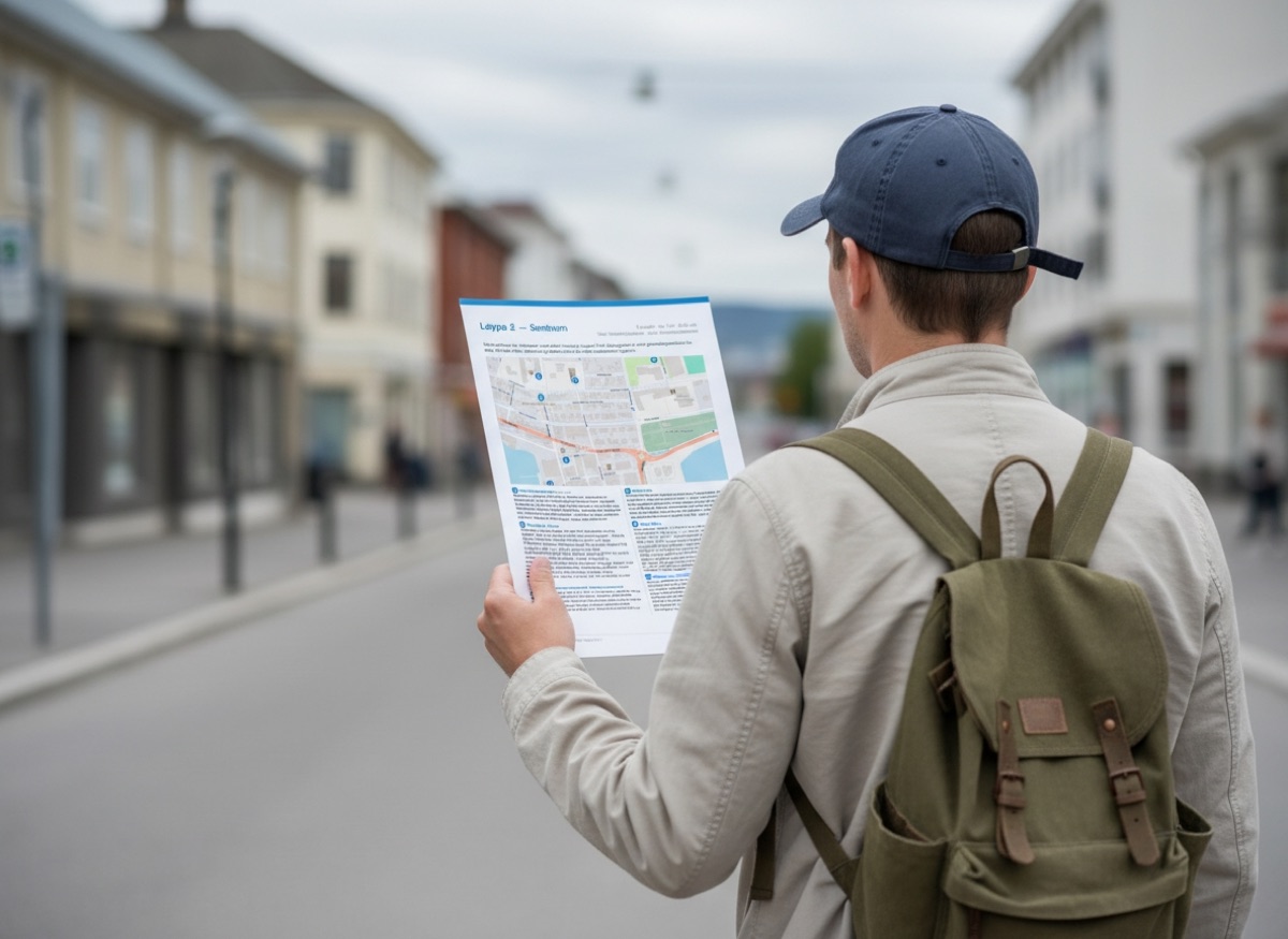 Person med ryggsekk som går i en norsk bygate og leser en printet byvandring