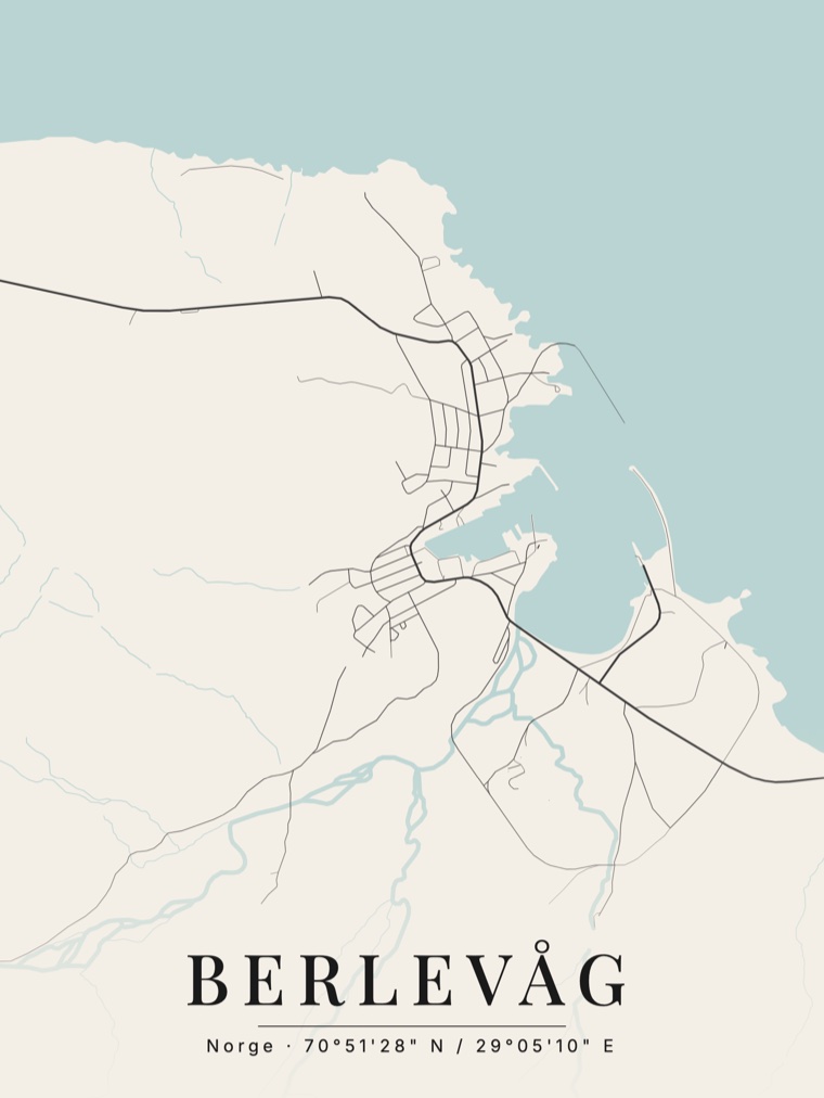 Designplakat av Berlevåg i lys krem, stående format