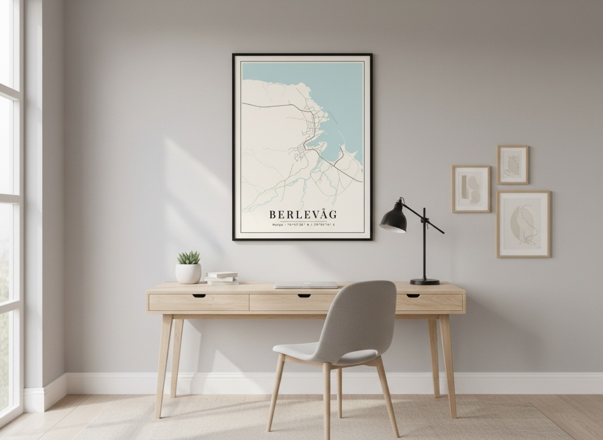 Innrammet designplakat av Berlevåg som henger på veggen over et lyst skrivebord